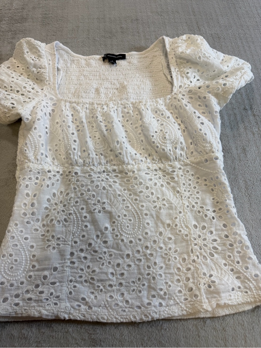 INC White Eyelet Puff Sleeve Smocked Cottagecore Top Small